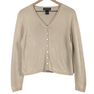 BROOKS BROTHERS Silk Cotton V-Neck Cardigan Women's M Beige Cable Knit Detail
